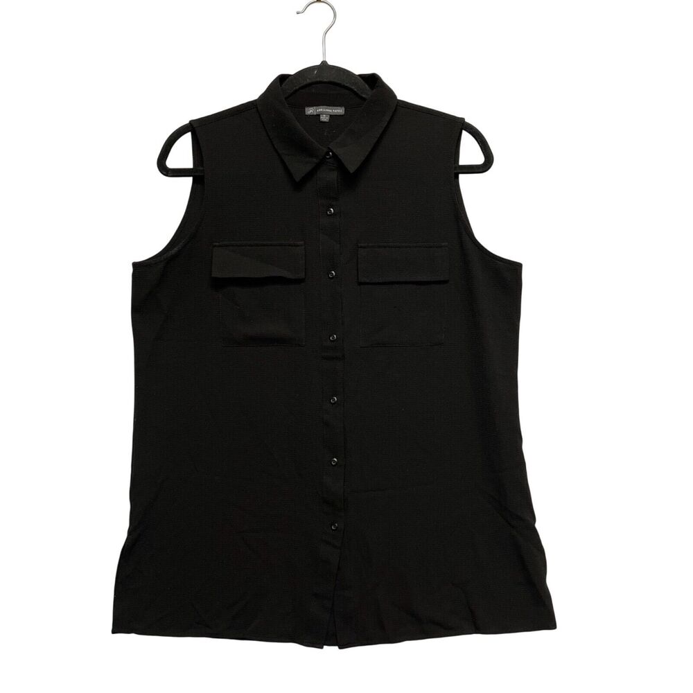 Adrianna Papell Womens Black Sleeveless Button Up Top M Sheer Normcore Stretch